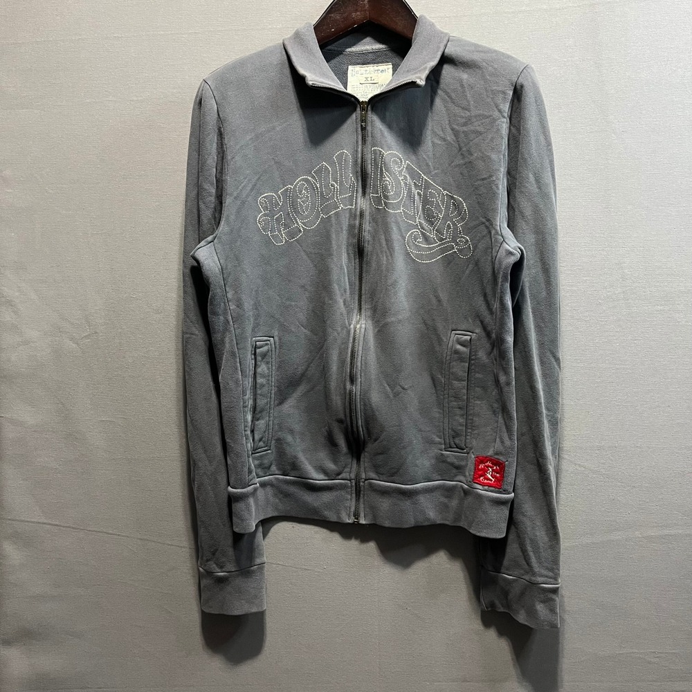 Hollister Mens XL Full Zip Sweatshirt Blue Gray Embroidered Logo Mock Neck